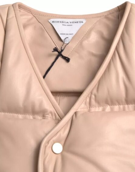 Beige Quilted Sleeveless Calf Leather Jacket - Image 7