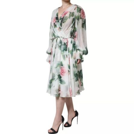 White Silk Floral Print A-line Midi Dress - Image 2
