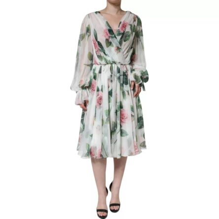 White Silk Floral Print A-line Midi Dress - Image 3