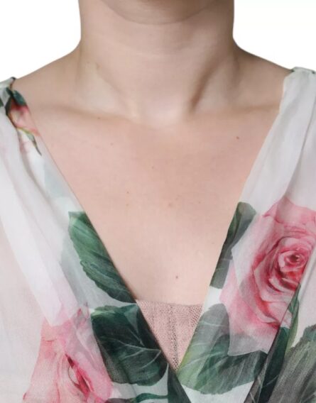 White Silk Floral Print A-line Midi Dress - Image 7