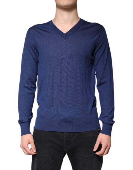 Navy Blue Cashmere V-neck Pullover Sweater - Image 2