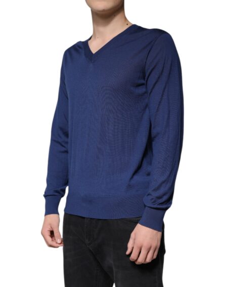 Navy Blue Cashmere V-neck Pullover Sweater - Image 3