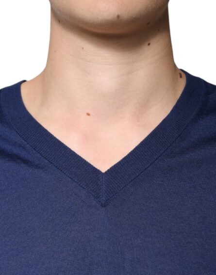 Navy Blue Cashmere V-neck Pullover Sweater - Image 5