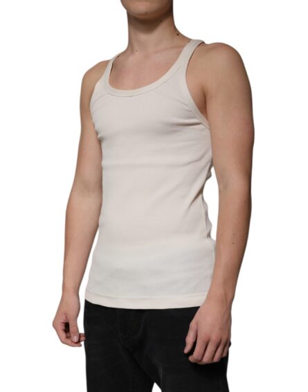 Off White Cotton Sleeveless Round Neck Tank T-shirt - Image 3