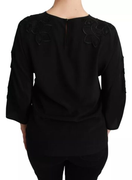 Black Floral Embroidered Blouse Silk Top - Image 2