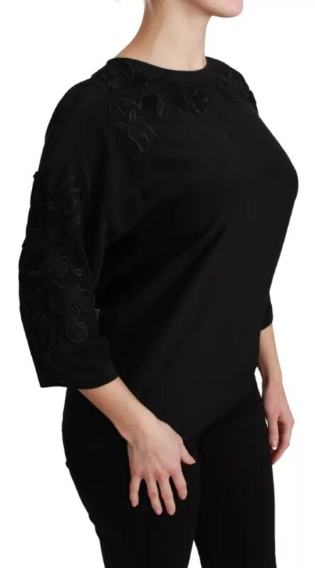 Black Floral Embroidered Blouse Silk Top - Image 3