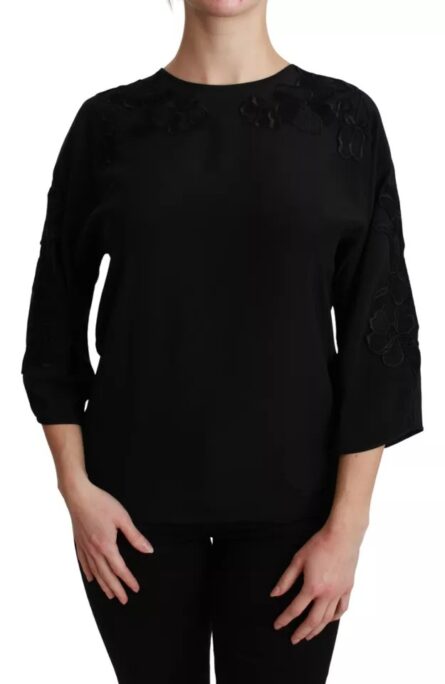 Black Floral Embroidered Blouse Silk Top - Image 5