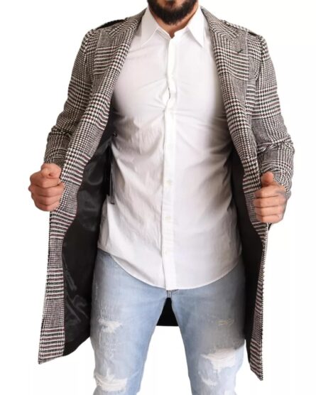 Gray Check Plaid Long Trench Coat Jacket - Image 3