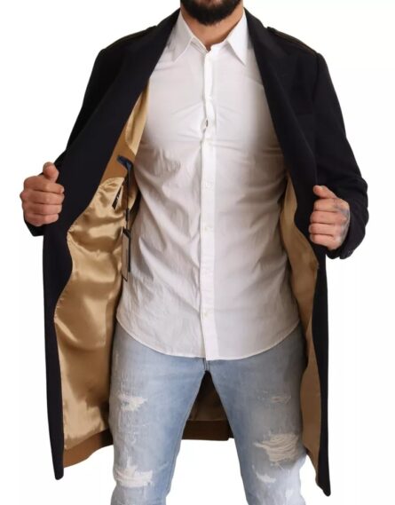 Blue Trench Coat Long Wool Stretch Jacket - Image 2