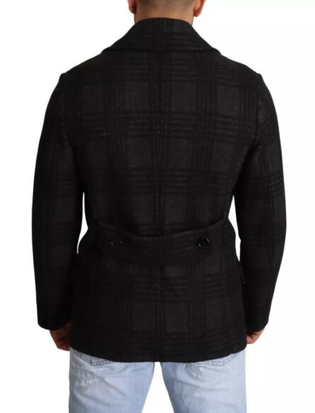 Black Trench Coat Check Wool Jacket - Image 3