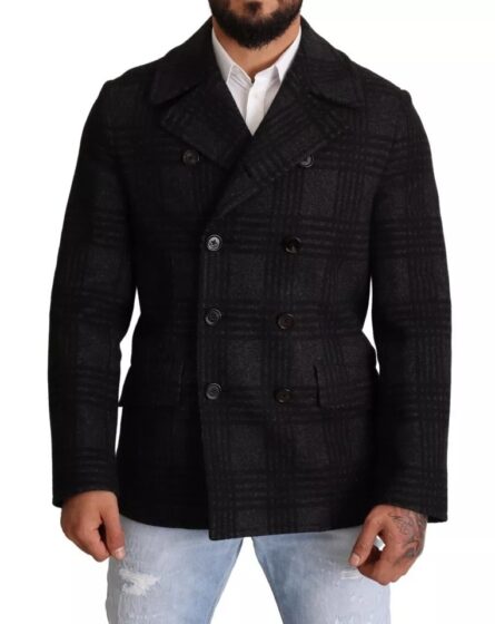 Black Trench Coat Check Wool Jacket - Image 4