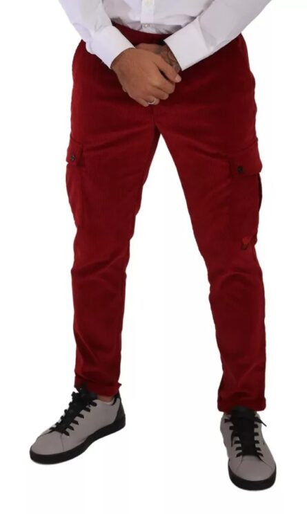 Red Corduroy Cotton Cargo Skinny Pants - Image 3
