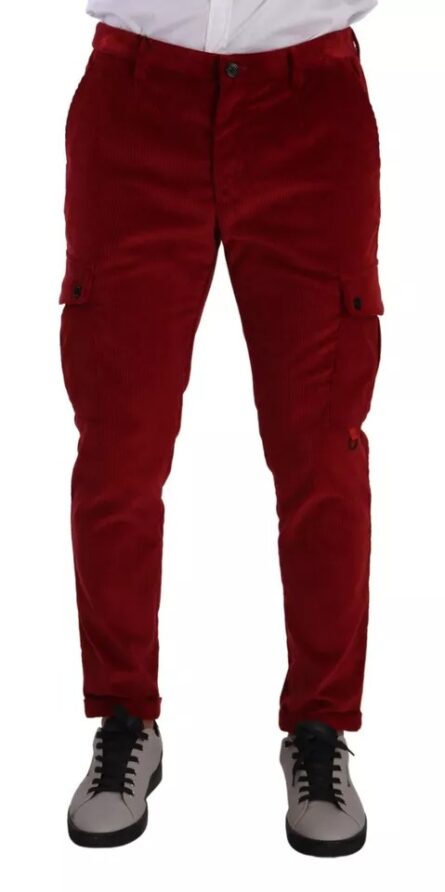 Red Corduroy Cotton Cargo Skinny Pants - Image 5