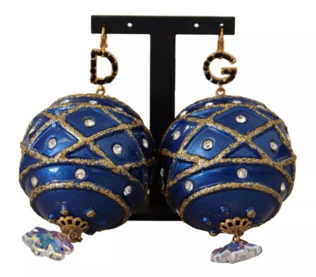 Gold Brass Blue Christmas Ball Crystal Hook Jewelry Earrings - Image 8