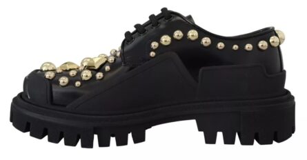 Black Leather Trekking Derby Embellished Shoes - Image 7
