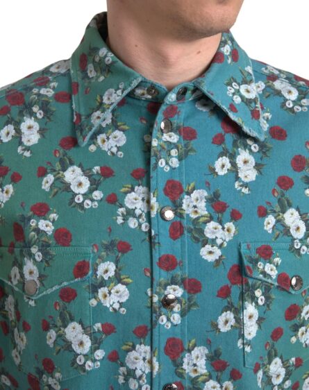 Blue Floral Cotton Button Down Denim Shirt - Image 6