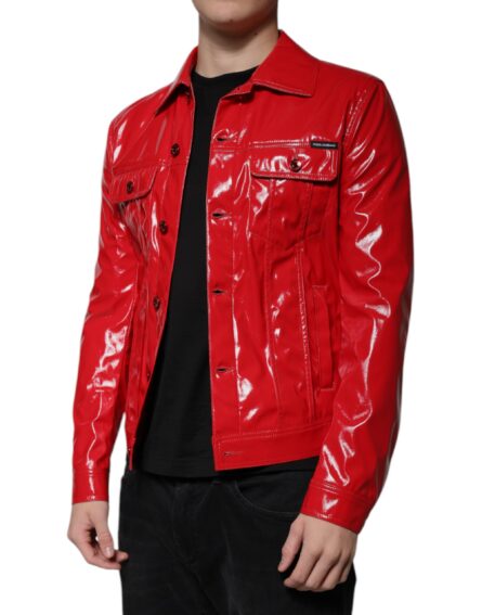 Red Polyester Button Down Collared Jacket - Image 3