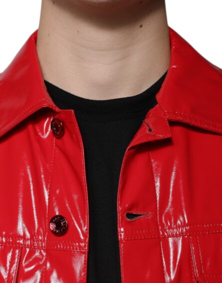 Red Polyester Button Down Collared Jacket - Image 5