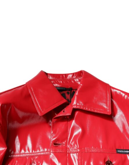 Red Polyester Button Down Collared Jacket - Image 7