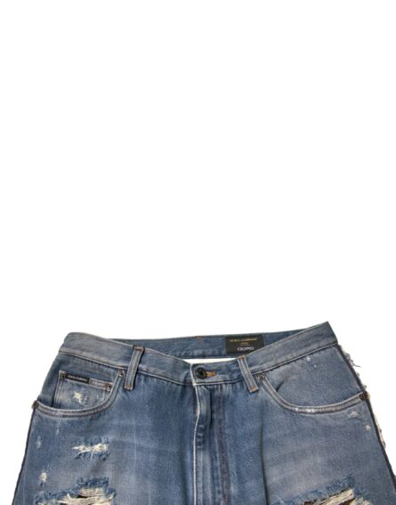 Blue Tattered Straight Cropped Denim Jeans - Image 5