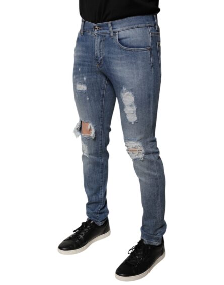 Blue Tattered Cotton Stretch Skinny Denim Jeans - Image 3