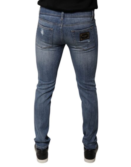 Blue Tattered Cotton Stretch Skinny Denim Jeans - Image 4