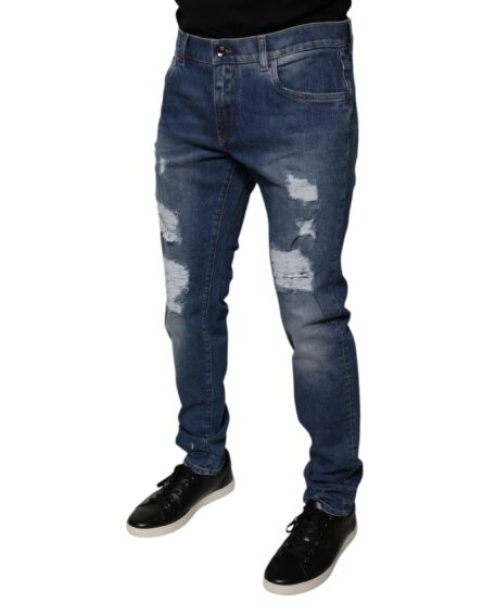 Blue Cotton Tattered Skinny Denim Jeans - Image 3