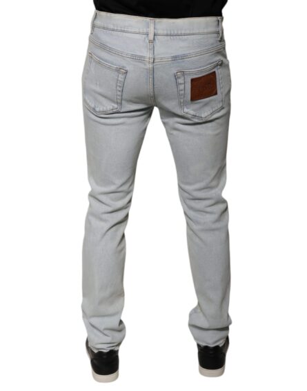 Light Blue Cotton Blend Tattered Skinny Denim Jeans - Image 4