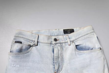 Light Blue Cotton Blend Tattered Skinny Denim Jeans - Image 6