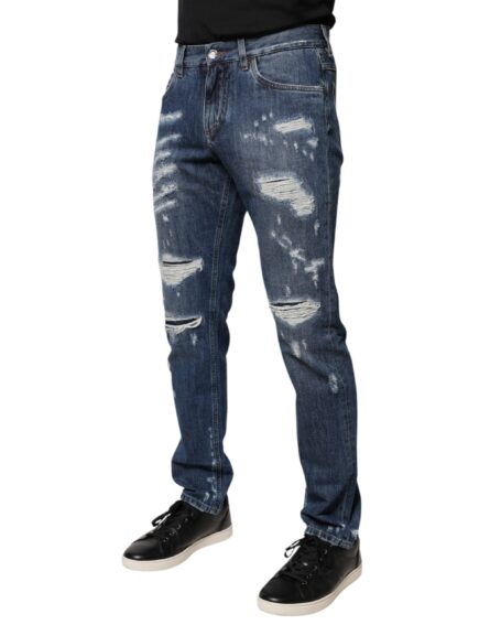 Blue Cotton Tattered Skinny Denim Jeans - Image 3