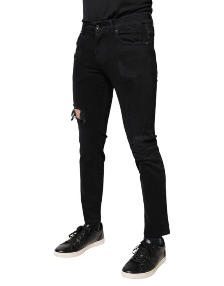 Black Cotton Tattered Skinny Denim Logo Jeans - Image 3