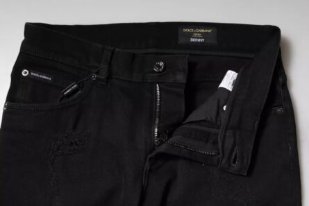 Black Cotton Tattered Skinny Denim Logo Jeans - Image 6