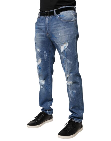 Blue Cotton Stretch Tattered Skinny Denim Jeans - Image 3