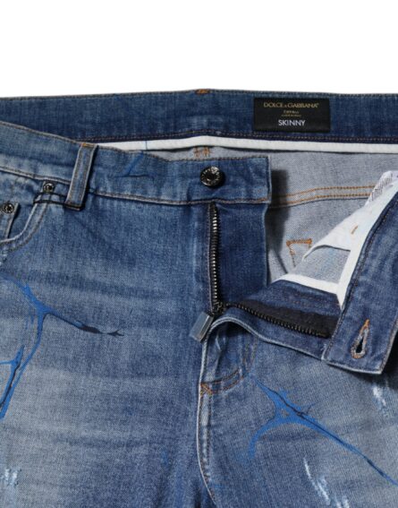 Blue Cotton Stretch Tattered Skinny Denim Jeans - Image 5