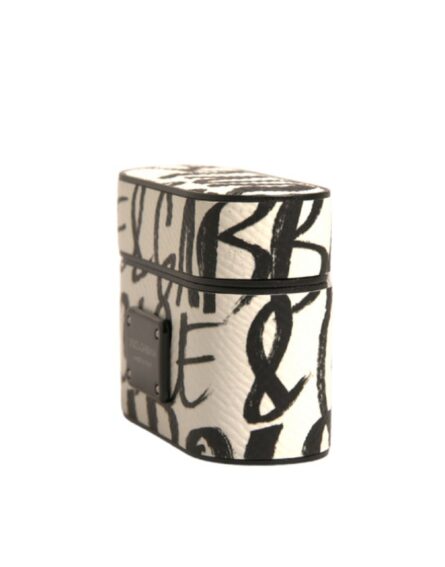 Black White Leather Scribble Embossed Logo Airpods Case - Image 3