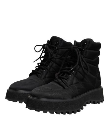 Black Padded Mid Calf Lace Up Boots Shoes - Image 2