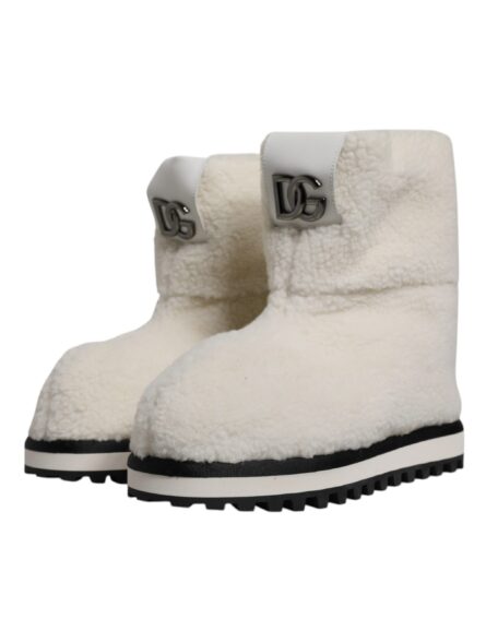 White Plush Logo Padded Mid Calf Boots Shoes - Image 3