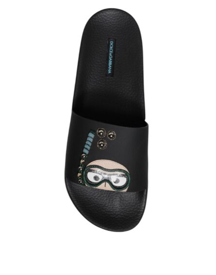 Black Divers Leather Flats Slides Sandals Beachwear Shoes - Image 8
