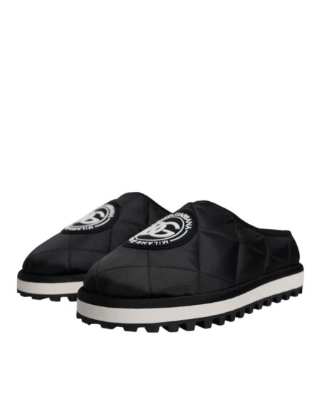 Black Nylon Quilted Logo Patch Sandals Slides Shoes - Image 2