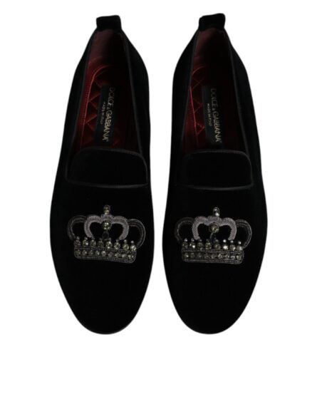 Black Velvet Crystal Crown Loafers Formal Dress Shoes - Image 2