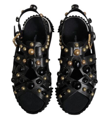 Black Leather Studded Slides Sandals Shoes - Image 2