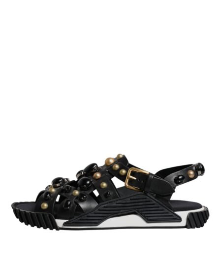 Black Leather Studded Slides Sandals Shoes - Image 5
