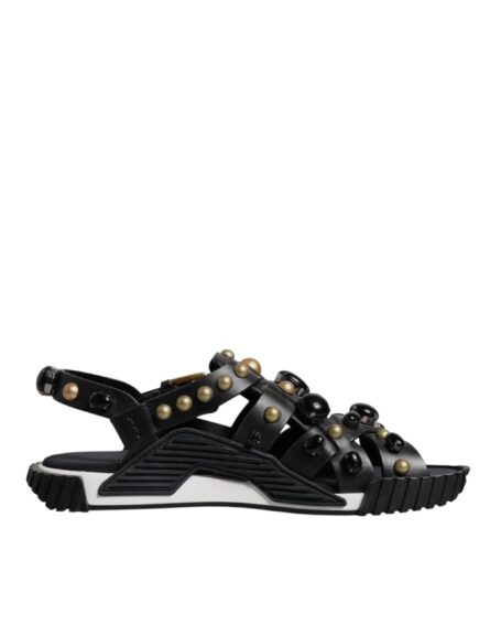 Black Leather Studded Slides Sandals Shoes - Image 6