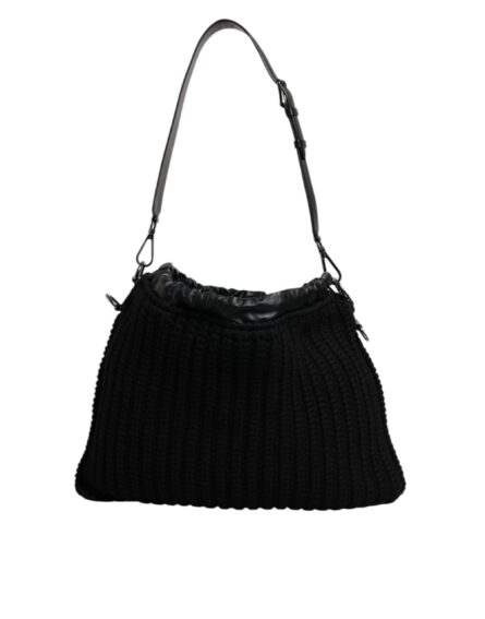 Black Cashmere Knitted Leather Shoulder Bag - Image 4