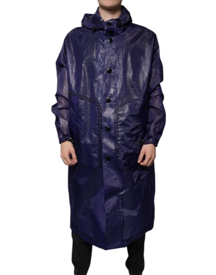 Dark Blue Cotton Hooded Men Raincoat Jacket - Image 2