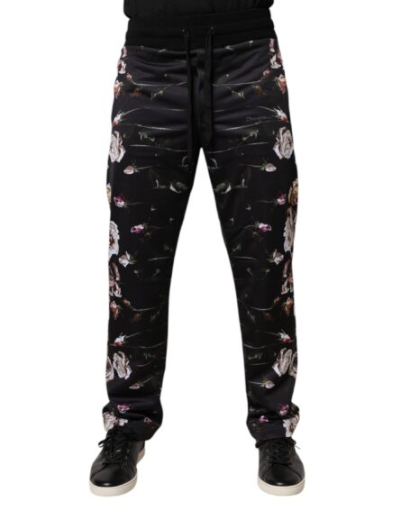 Black Floral Polyester Jogger Pants - Image 2