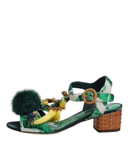 Green Crystal Fur Embellished Sandals Shoes - Image 5