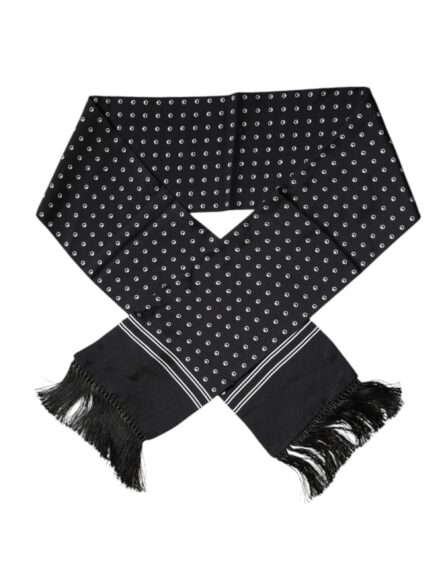 Black White Polka Dotted Silk Skinny Fringes Scarf - Image 2