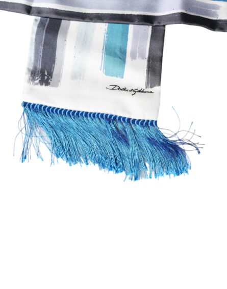White Blue Stripes Silk Fringes Wrap Scarf - Image 5
