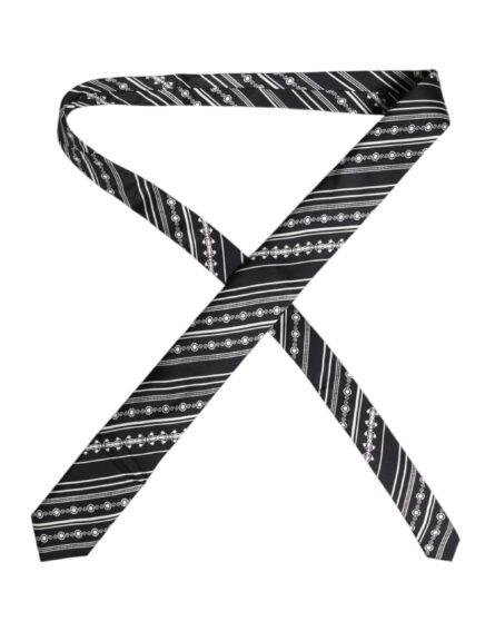 Black White Stripes Silk Adjustable Necktie Tie - Image 3